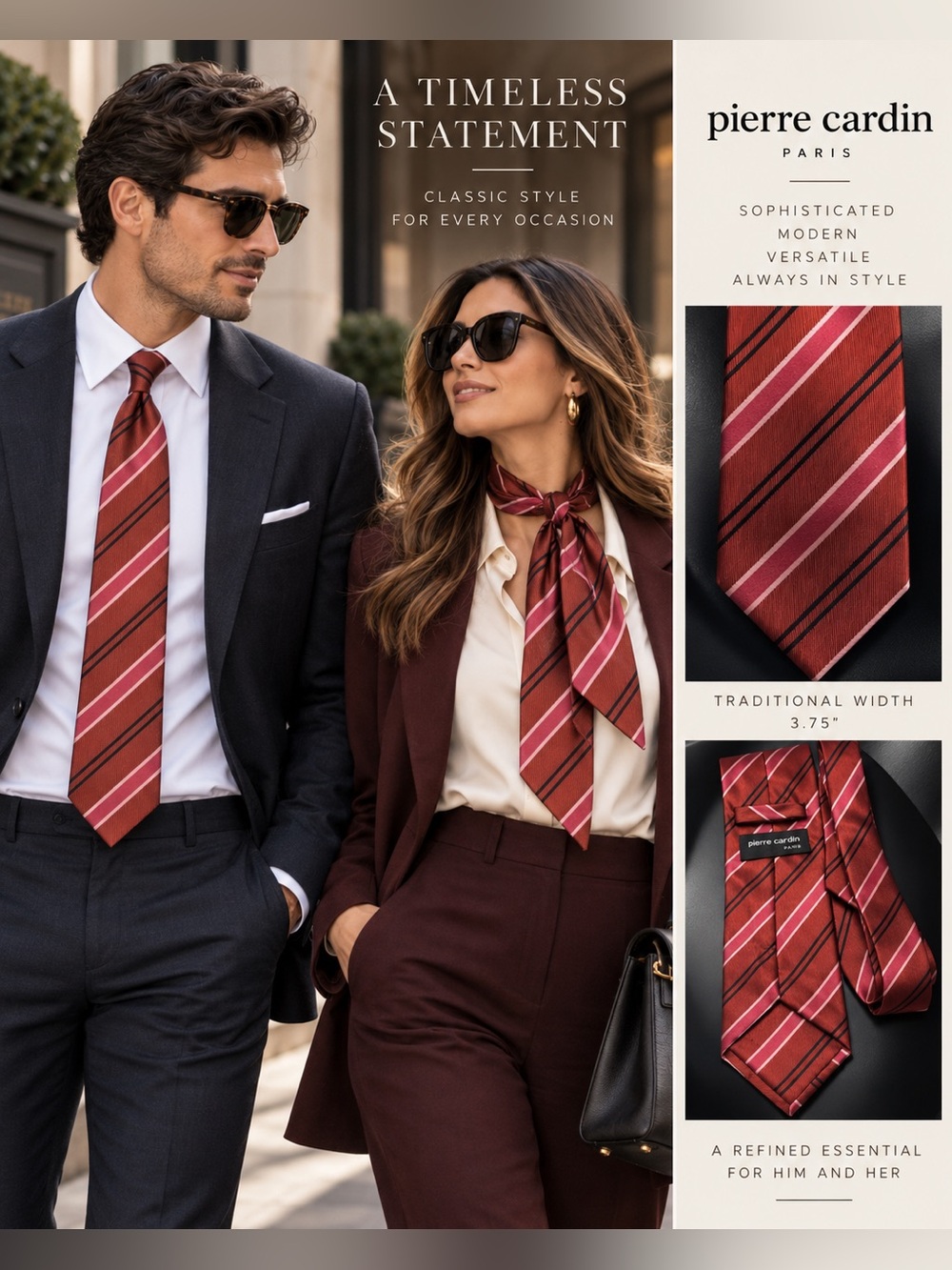 Pierre Cardin Men / Women Tie Burgundy Red Black Regimental Stripe 3.75” classic